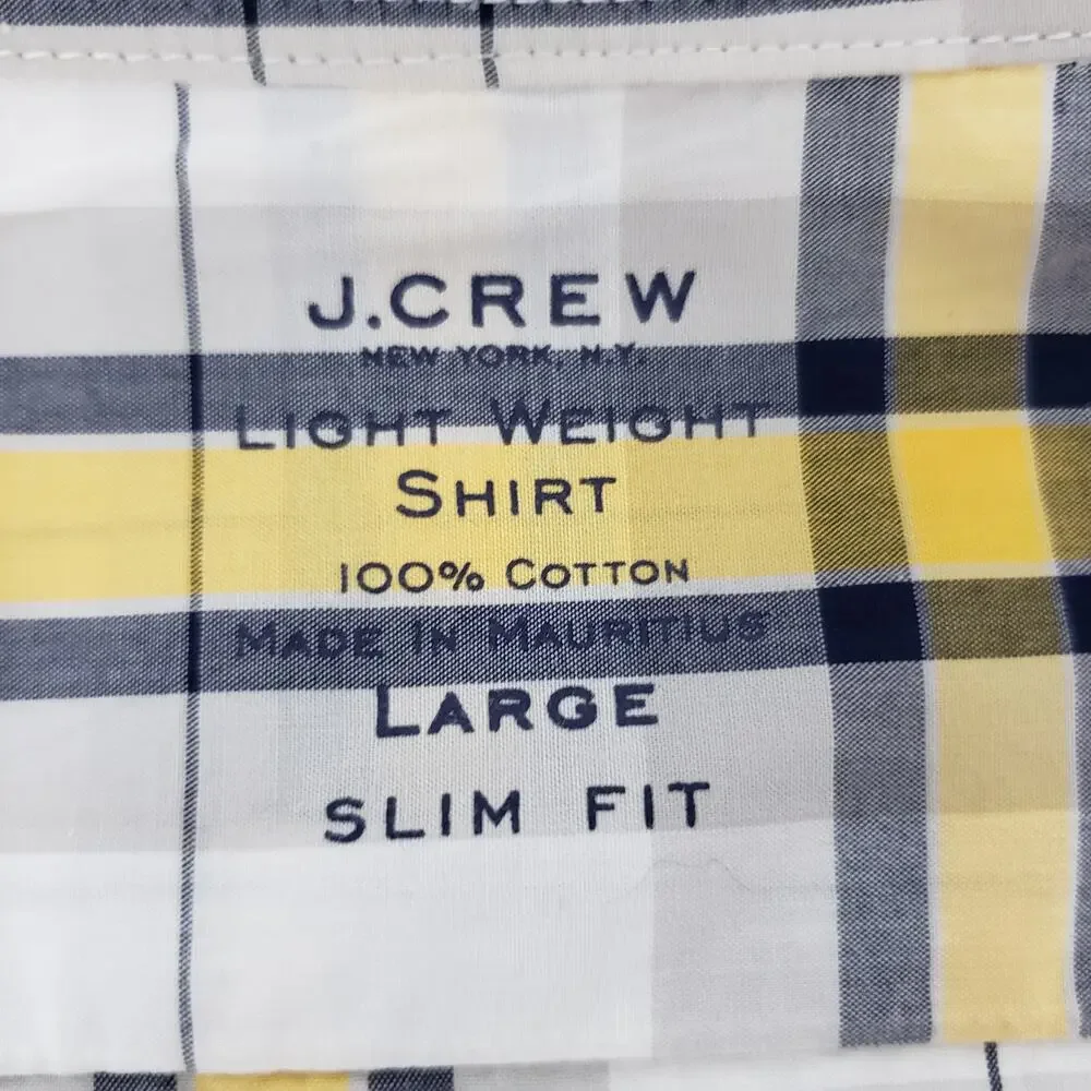 J. Crew NY Light Weight Shirt Slim Fit Men L Button Down White Yellow Navy Plaid